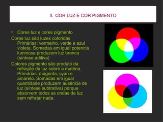 II.   COR LUZ E COR PIGMENTO Cores luz e cores pigmento Cores luz são luzes coloridas Primárias: vermelho, verde e azul violeta. Somadas em igual potencia luminosa produzem luz branca (síntese aditiva)  Colores pigmento são produto da refração da luz sobre a matéria. Primárias: magenta, cyan e amarelo. Somadas em igual quantidade produzem ausência de luz (síntese subtrativa) porque absorvem todos as ondas da luz sem refratar nada. 