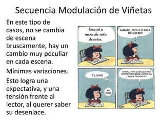 Secuencia Modulación de ViñetasEn este tipo de casos, no se cambia de escena bruscamente, hay un cambio muy peculiar en cada escena. Mínimas variaciones.Esto logra una expectativa, y una tensión frente al lector, al querer saber su desenlace.  