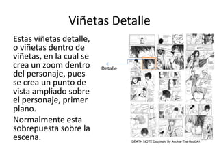 Viñetas DetalleEstas viñetas detalle, o viñetas dentro de viñetas, en la cual se crea un zoom dentro del personaje, pues se crea un punto de vista ampliado sobre el personaje, primer plano. Normalmente esta sobrepuesta sobre la escena. Detalle