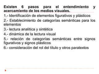Existen 6 pasos para el entendimiento y
acercamiento de los medios visuales.
1.- Identificación de elementos figurativos y plásticos
2.- Establecimiento de categorías semánticas para los
elementos
3.- lectura analítica y sintética
4.- dinámica de la lectura visual
5.- relación de categorías semánticas entre signos
figurativos y signos plásticos
6.- consideración del rol del título y otros paratextos
 