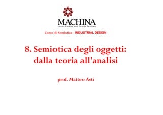 Corso di Semiotica - INDUSTRIAL DESIGN




8. Semiotica degli oggetti:
   dalla teoria all'analisi
            prof. Matteo Asti
 