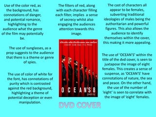 Use of the color red, as
the background, has
connotations of danger,
and potential romance,
highlighting to the
audience what the genre
of the film may potentially
be.
The filters of red, along
with each character filling
each filter, implies a sense
of secrecy whilst also
engaging the audiences
attention towards this
image.
The cast of characters all
appear to be females,
subverting traditional
ideologies of males being the
authoritarian and powerful
figures. This also allows the
audience to identify
themselves within the cover,
this making it more appealing.
The use of ‘OCEAN’S’ within the
title of the dvd cover, is seen to
juxtapose the image of eight
females. This creates a sense of
suspense, as ‘OCEAN’S’ have
connotations of nature, the sea
and peace. On the other hand,
the use of the number of
‘eight’ is seen to correlate with
the image of ‘eight’ females.
The use of sunglasses, as a
prop suggests to the audience
that there is a theme or genre
of spies.
The use of color of white for
the font, has connotations of
purity which is contrasted
against the red background,
highlighting a theme of
potential deception or even
manipulation.
 
