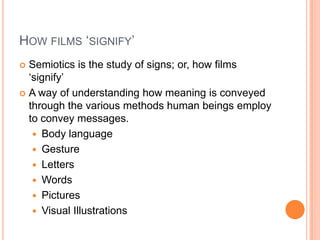 How films ‘signify’Semiotics is the study of signs; or, how films ‘signify’A way of understanding how meaning is conveyed through the various methods human beings employ to convey messages.Body languageGestureLetters WordsPicturesVisual Illustrations