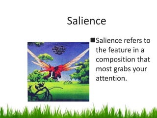Salience
Salience refers to
the feature in a
composition that
most grabs your
attention.
 