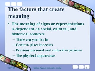 The factors that create meaning The meaning of signs or representations is dependent on social, cultural, and historical contexts Time/ era you live in Context/ place it occurs Previous personal and cultural experience The physical appearance 
