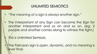 UNLIMITED SEMIOTICS
• “The meaning of a sign is always another sign.”
• The Interpretant of any Sign can become the Sign for
another Interpretant and so on and so on. (eg: 2
people and another comes along to witness the fight.)
• This is Unlimited Semiosis.
• The Peircean sign is open, dynamic, and no meaning is
ever final.
 