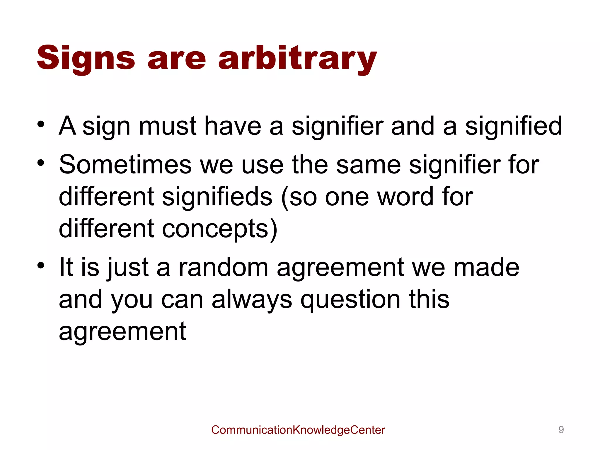 De Saussure:
relation between physical
form of a sign and its
meaning




                        9
          CommunicationKnowledgeCenter
 