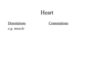 Heart
Denotations
e.g. muscle

Connotations

 
