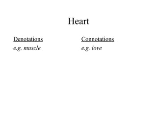 Heart
Denotations
e.g. muscle

Connotations
e.g. love

 