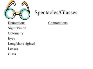 Spectacles/Glasses
Denotations
Sight/Vision
Optometry
Eyes
Long/short sighted
Lenses
Glass

Connotations

 