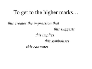 To get to the higher marks…
this creates the impression that
this suggests
this implies
this symbolises
this connotes

 