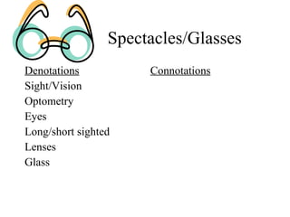 Spectacles/Glasses Denotations Sight/Vision Optometry Eyes Long/short sighted Lenses Glass Connotations 