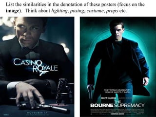 List the similarities in the denotation of these posters (focus on the  image ).  Think about  lighting ,  posing ,  costume ,  props  etc. 