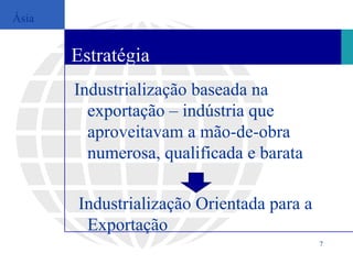 Ásia


       Estratégia
       Industrialização baseada na
         exportação – indústria que
         aproveitavam a mão-de-obra
         numerosa, qualificada e barata

       Industrialização Orientada para a
        Exportação
                                           7
 