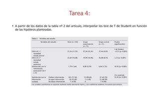 • A partir de los datos de la tabla nº 2 del artículo, interpretar los test de T de Student en función
de las hipótesis planteadas.
Tarea 4:
 