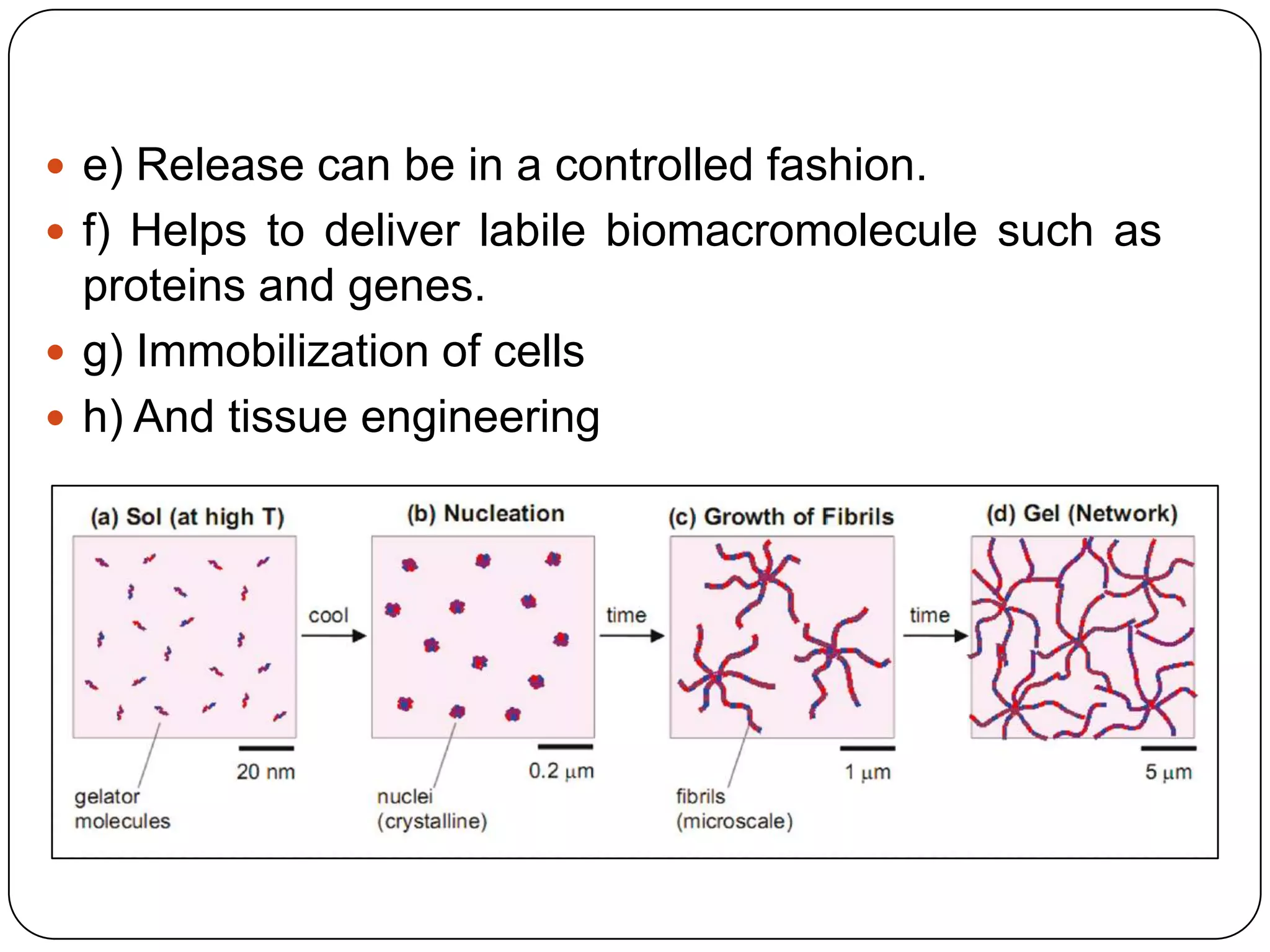  e) Release can be in a controlled fashion.
 f) Helps to deliver labile biomacromolecule such as
  proteins and genes.
 g) Immobilization of cells
 h) And tissue engineering
 