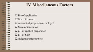 IV. Miscellaneous Factors
Site of application
Time of contact
 Amount of preparation employed
 State of ionization
 pH of applied preparation
 pH of Skin
Molecular structure etc
 
