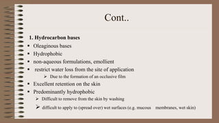 Cont..
1. Hydrocarbon bases
 Oleaginous bases
 Hydrophobic
 non-aqueous formulations, emollient
 restrict water loss from the site of application
 Due to the formation of an occlusive film
 Excellent retention on the skin
 Predominantly hydrophobic
 Difficult to remove from the skin by washing
 difficult to apply to (spread over) wet surfaces (e.g. mucous membranes, wet skin)
 