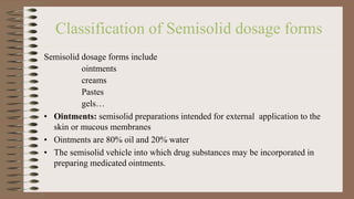 Classification of Semisolid dosage forms
Semisolid dosage forms include
ointments
creams
Pastes
gels…
• Ointments: semisolid preparations intended for external application to the
skin or mucous membranes
• Ointments are 80% oil and 20% water
• The semisolid vehicle into which drug substances may be incorporated in
preparing medicated ointments.
 
