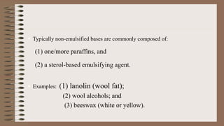  Typically non-emulsified bases are commonly composed of:
(1) one/more paraffins, and
(2) a sterol-based emulsifying agent.
 Examples: (1) lanolin (wool fat);
(2) wool alcohols; and
(3) beeswax (white or yellow).
 
