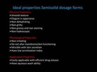 Ideal properties Semisolid dosage forms
•Physical Properties
Smooth texture
Elegant in apperance
Non dehydrating
Non gritty
Non greasy and non staining
Non hydroscopic
•Physiological Properties
Non irritating
Do not alter membrane/skin functioning
Miscible with skin secretion
Have low sensitization index
•Application Properties
Easily applicable with efficient drug release
Have aqueous wash ability
 