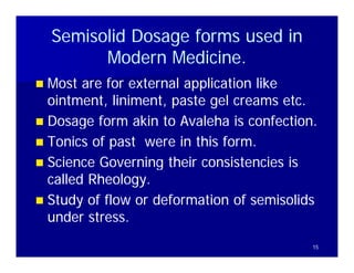 Semisolid Dosage forms used in
          Modern Medicine.
              d      di i
 Most are for external application like
  ointment, liniment, paste gel creams etc.
 Dosage form akin to Avaleha is confection
                                   confection.
 Tonics of past were in this form.
 Science Governing their consistencies is
  called Rheology.
         Rheology.
 Study of flow or deformation of semisolids
  under stress.
                                             15
 