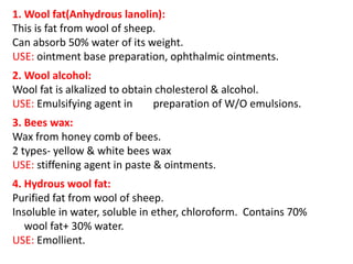 1. Wool fat(Anhydrous lanolin):
This is fat from wool of sheep.
Can absorb 50% water of its weight.
USE: ointment base preparation, ophthalmic ointments.
2. Wool alcohol:
Wool fat is alkalized to obtain cholesterol & alcohol.
USE: Emulsifying agent in preparation of W/O emulsions.
3. Bees wax:
Wax from honey comb of bees.
2 types- yellow & white bees wax
USE: stiffening agent in paste & ointments.
4. Hydrous wool fat:
Purified fat from wool of sheep.
Insoluble in water, soluble in ether, chloroform. Contains 70%
wool fat+ 30% water.
USE: Emollient.
 