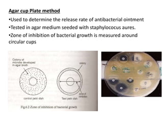 Agar cup Plate method
•Used to determine the release rate of antibacterial ointment
•Tested in agar medium seeded with staphylococus aures.
•Zone of inhibition of bacterial growth is measured around
circular cups
 
