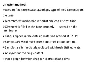 Diffusion method:
Used to find the release rate of any type of medicament from
the base
A parchment membrane is tied at one end of glass tube
Ointment is filled in the tube, properly spread on the
membrane
Tube is dipped in the distilled water maintained at 37±1OC
Samples are withdrawn after a specified period of time.
Samples are immediately replaced with fresh distilled water
Analyzed for the drug content
Plot a graph between drug concentration and time
 