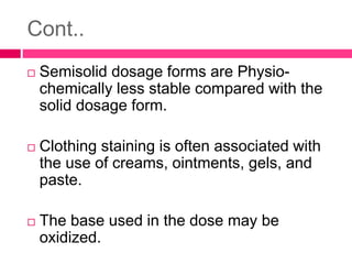 Cont..
 Semisolid dosage forms are Physio-
chemically less stable compared with the
solid dosage form.
 Clothing staining is often associated with
the use of creams, ointments, gels, and
paste.
 The base used in the dose may be
oxidized.
 