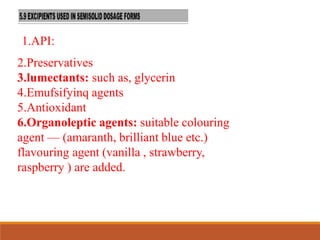 1.API:
2.Preservatives
3.lumectants: such as, glycerin
4.Emufsifyinq agents
5.Antioxidant
6.Organoleptic agents: suitable colouring
agent — (amaranth, brilliant blue etc.)
flavouring agent (vanilla , strawberry,
raspberry ) are added.
 