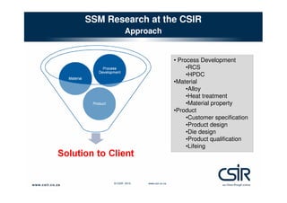 SSM Research at the CSIR
Approach

• Process Development
•RCS
•HPDC
•Material
•Alloy
•Heat treatment
•Material property
•Product
•Customer specification
•Product design
•Die design
•Product qualification
•Lifeing

© CSIR 2010

www.csir.co.za

 