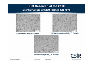 SSM Research at the CSIR
Microstructure of SSM formed GR 7075

7075 with no TiB2; F; Etched

7075 with medium TiB2; F; Etched

7075 with high TiB2; F; Etched
© CSIR 2010

www.csir.co.za

 