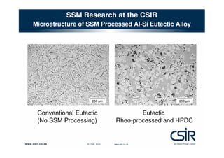 SSM Research at the CSIR
Microstructure of SSM Processed Al-Si Eutectic Alloy

Conventional Eutectic
(No SSM Processing)

© CSIR 2010

Eutectic
Rheo-processed and HPDC

www.csir.co.za

 