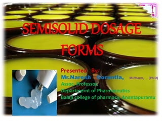 SEMISOLIDDOSAGE
FORMS
Presented By:
Mr.Naresh Gorantla, M.Pharm, (Ph.D)
Assoc. Professor,
Departmernt of Pharmaceutics
Balaji college of pharmacy, Anantapuramu
 