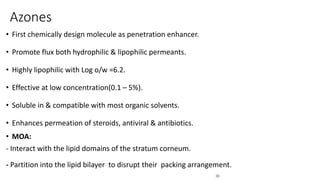 30
Azones
• First chemically design molecule as penetration enhancer.
• Promote flux both hydrophilic & lipophilic permeants.
• Highly lipophilic with Log o/w =6.2.
• Effective at low concentration(0.1 – 5%).
• Soluble in & compatible with most organic solvents.
• Enhances permeation of steroids, antiviral & antibiotics.
• MOA:
- Interact with the lipid domains of the stratum corneum.
- Partition into the lipid bilayer to disrupt their packing arrangement.
 