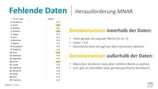 Fehlende Daten Herausforderung MNAR
Domänenwissen innerhalb der Daten:
• mehr gerade als ungrade Werte (11 vs. 5)
• mean = 6.0
• Geschlecht lässt sich ggf von dem Vornamen ableiten
Domänenwissen außerhalb der Daten:
• Menschen tendieren dazu eher mittlere Werte zu wählen
• evtl. gibt es Statistiken über genderspezifische Vorlieben?
 