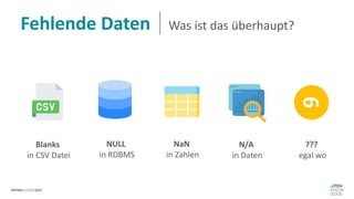 Fehlende Daten Was ist das überhaupt?
6
Blanks
in CSV Datei
NULL
in RDBMS
???
egal wo
NaN
in Zahlen
N/A
in Daten
 