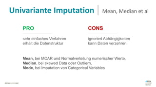 PRO CONS
sehr einfaches Verfahren
erhält die Datenstruktur
ignoriert Abhängigkeiten
kann Daten verzehren
Mean, bei MCAR und Normalverteilung numerischer Werte.
Median, bei skewed Data oder Outliern.
Mode, bei Imputation von Categorical Variables
Univariante Imputation Mean, Median et al
 