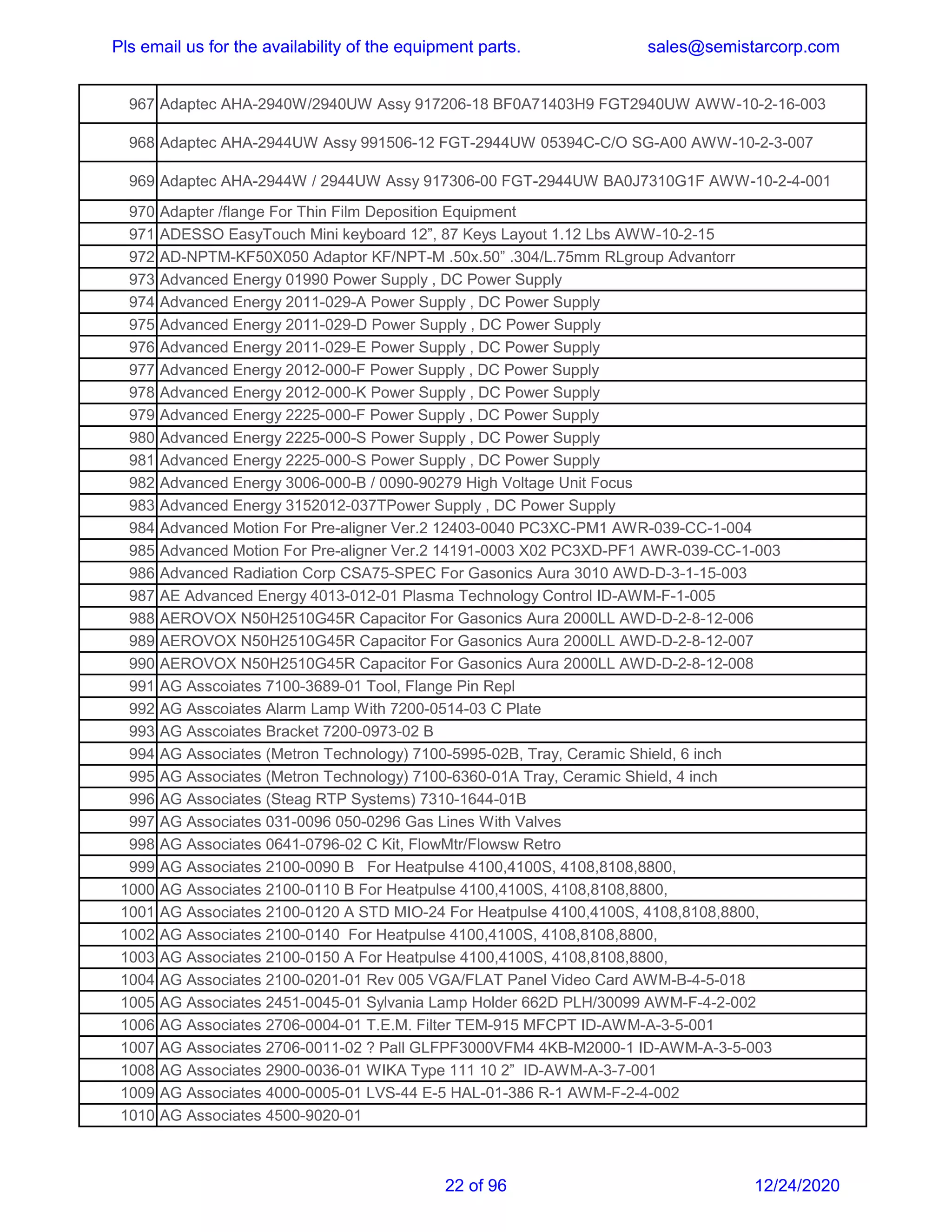 Semi star equipment parts inventory list dec 2020 | PDF