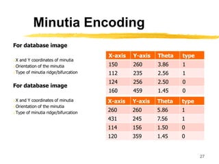 X-axis Y-axis Theta type
150 260 3.86 1
112 235 2.56 1
124 256 2.50 0
160 459 1.45 0
For database image
oX and Y coordinates of minutia
oOrientation of the minutia
oType of minutia ridge/bifurcation
For database image
oX and Y coordinates of minutia
oOrientation of the minutia
oType of minutia ridge/bifurcation
27
Minutia Encoding
X-axis Y-axis Theta type
260 260 5.86 1
431 245 7.56 1
114 156 1.50 0
120 359 1.45 0
 