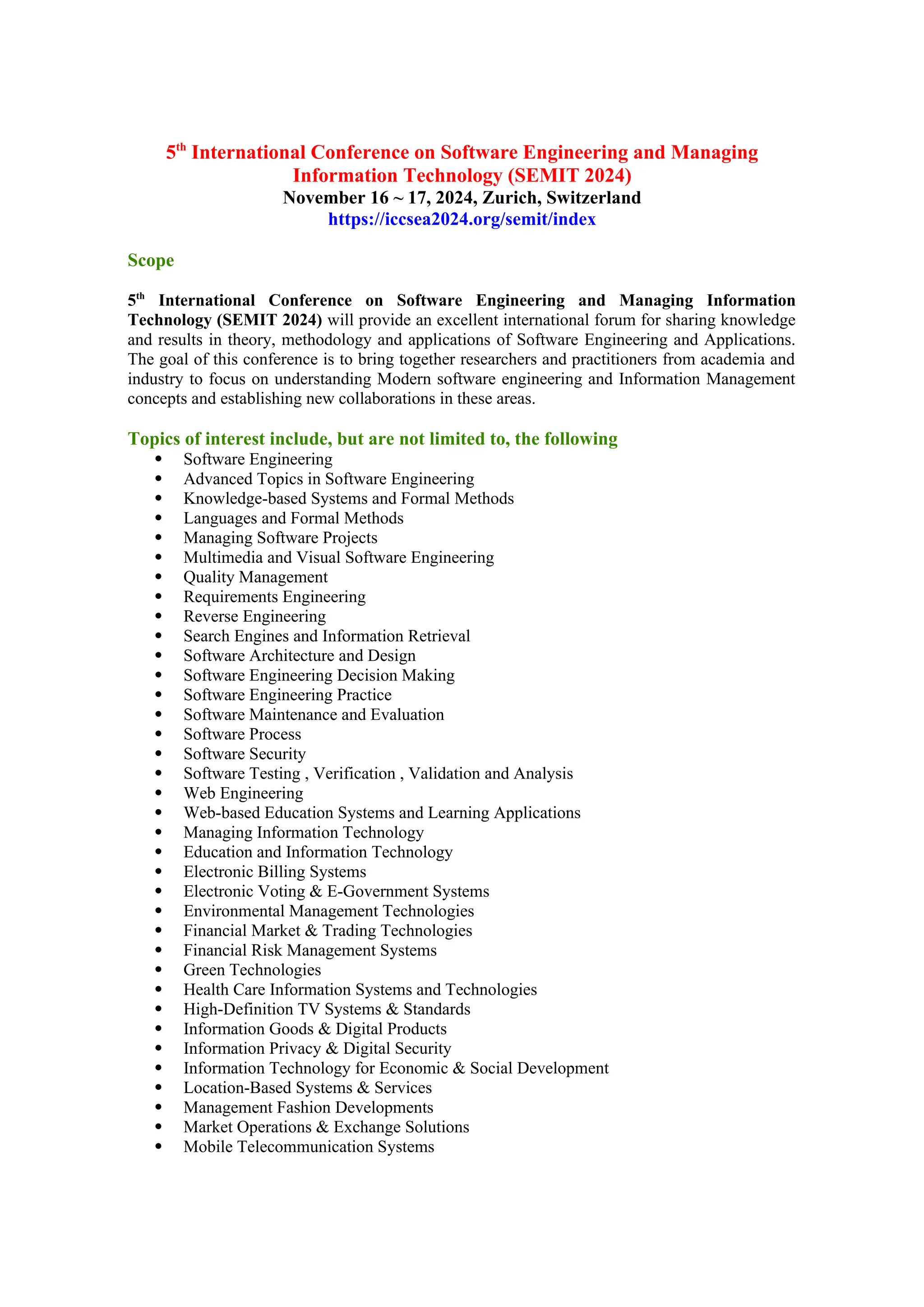 5th International Conference on Software Engineering and Managing