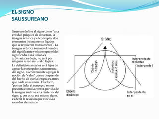 EL SIGNO
SAUSSUREANO

Saussure define al signo como "una
entidad psíquica de dos caras, la
imagen acústica y el concepto, dos
elementos íntimamente ligados
que se requieren mutuamente". La
imagen acústica tomará el nombre
del significante y el concepto el del
significado. Esta unión es
arbitraria, es decir, no está por
ninguna razón natural o lógica.
La definición anterior está lejos de
agotar la concepción saussureana
del signo. Es conveniente agregar la
noción de "valor" que se desprende
del hecho de que la lengua es antes
que nada un sistema. En efecto,
"por un lado, el concepto se nos
presenta como la contra-partida de
la imagen auditiva en el interior del
signo y, por otro, ese mismo signo,
es decir la relación que vincula a
esos dos elementos
 