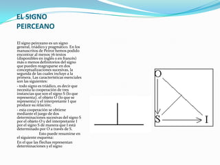 EL SIGNO
PEIRCEANO
El signo peirceano es un signo
general, triádico y pragmático. En los
manuscritos de Peirce hemos podido
encontrar al menos 76 textos
(disponibles en inglés o en francés)
más o menos definitorios del signo
que pueden reagruparse en dos
conceptualizaciones sucesivas, la
segunda de las cuales incluye a la
primera. Las características esenciales
son las siguientes:
- todo signo es triádico, es decir que
necesita la cooperación de tres
instancias que son el signo S (lo que
representa), el objeto O (lo que se
representa) y el interpretante I que
produce su relación;
- esta cooperación se obtiene
mediante el juego de dos
determinaciones sucesivas del signo S
por el objeto O y del interpretante I
por el signo S de manera que I está
determinado por O a través de S.
              Esto puede resumirse en
el siguiente esquema:
En el que las flechas representan
determinaciones y el signo
 