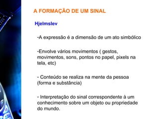 A FORMAÇÃO DE UM SINAL  Hjelmslev A expressão é a dimensão de um ato simbólico Envolve vários movimentos ( gestos, movimentos, sons, pontos no papel, pixels na tela, etc) Conteúdo se realiza na mente da pessoa (forma e substância) Interpretação do sinal correspondente à um conhecimento sobre um objeto ou propriedade do mundo. 