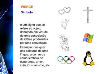 PIERCE é um signo que se refere ao objeto denotado em virtude de uma associação de idéias produzidas por uma convenção.  Exemplo: qualquer das palavras de uma língua, a cor verde como símbolo de esperança, amor,  idéia,Cristianismo,  etc Símbolo  