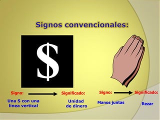 Signo:
Una S con una
línea vertical

Significado:
Unidad
de dinero

Signo:
Manos juntas

Significado:
Rezar

 
