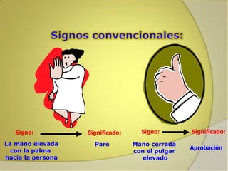 Signo:
La mano elevada
con la palma
hacia la persona

Significado:
Pare

Signo:
Mano cerrada
con el pulgar
elevado

Significado:
Aprobación

 
