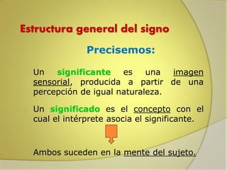 Estructura general del signo
Precisemos:


Un
significante
es
una
imagen
sensorial, producida a partir de una
percepción de igual naturaleza.



Un significado es el concepto con el
cual el intérprete asocia el significante.



Ambos suceden en la mente del sujeto.

 
