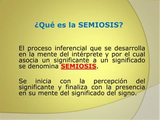 ¿Qué es la SEMIOSIS?


El proceso inferencial que se desarrolla
en la mente del intérprete y por el cual
asocia un significante a un significado
se denomina SEMIOSIS.



Se inicia con la percepción del
significante y finaliza con la presencia
en su mente del significado del signo.

 